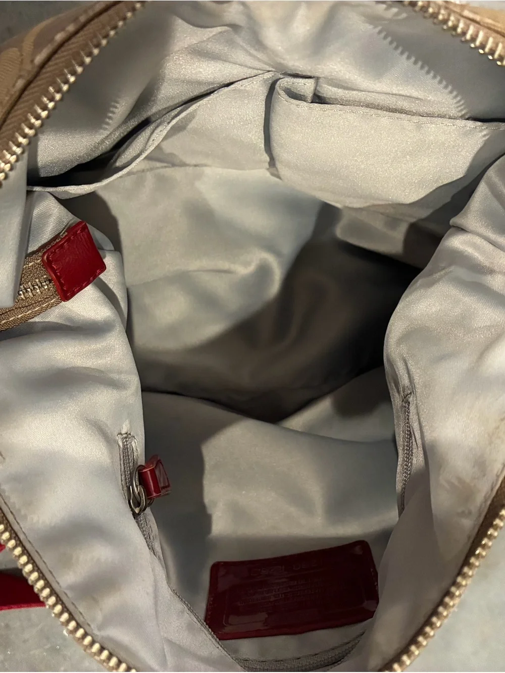 Coach Poppy Beige Signature Shoulder Bag with Red Trim and Strap